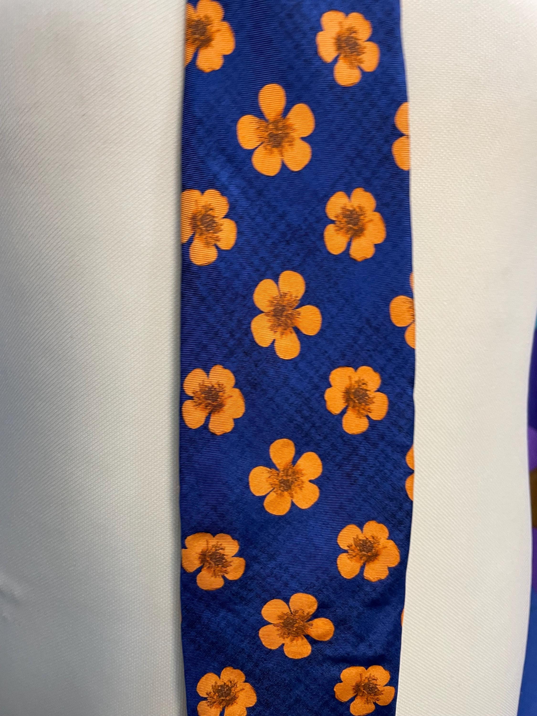 Cravate Ancienne Marks And Spencer En Soie - Motif Floral Marine Et Jaune, Occasion, Pour Homme, Large