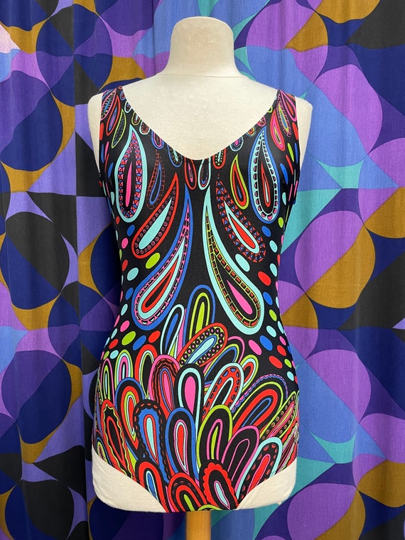 Gorgeous 60s 70s Black Multicoloured Paisley Peac… - image 3