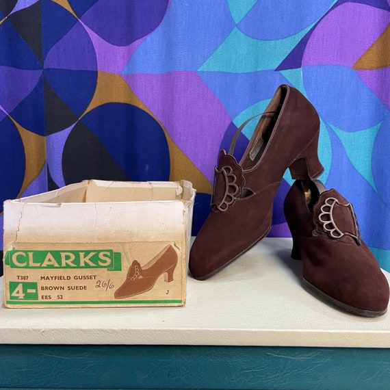 Amazing Vintage 1940s Brown Suede Shoes with Small Heel and Large Buckle Detail Made in England by Clarks UK Size 6 in Original Box!