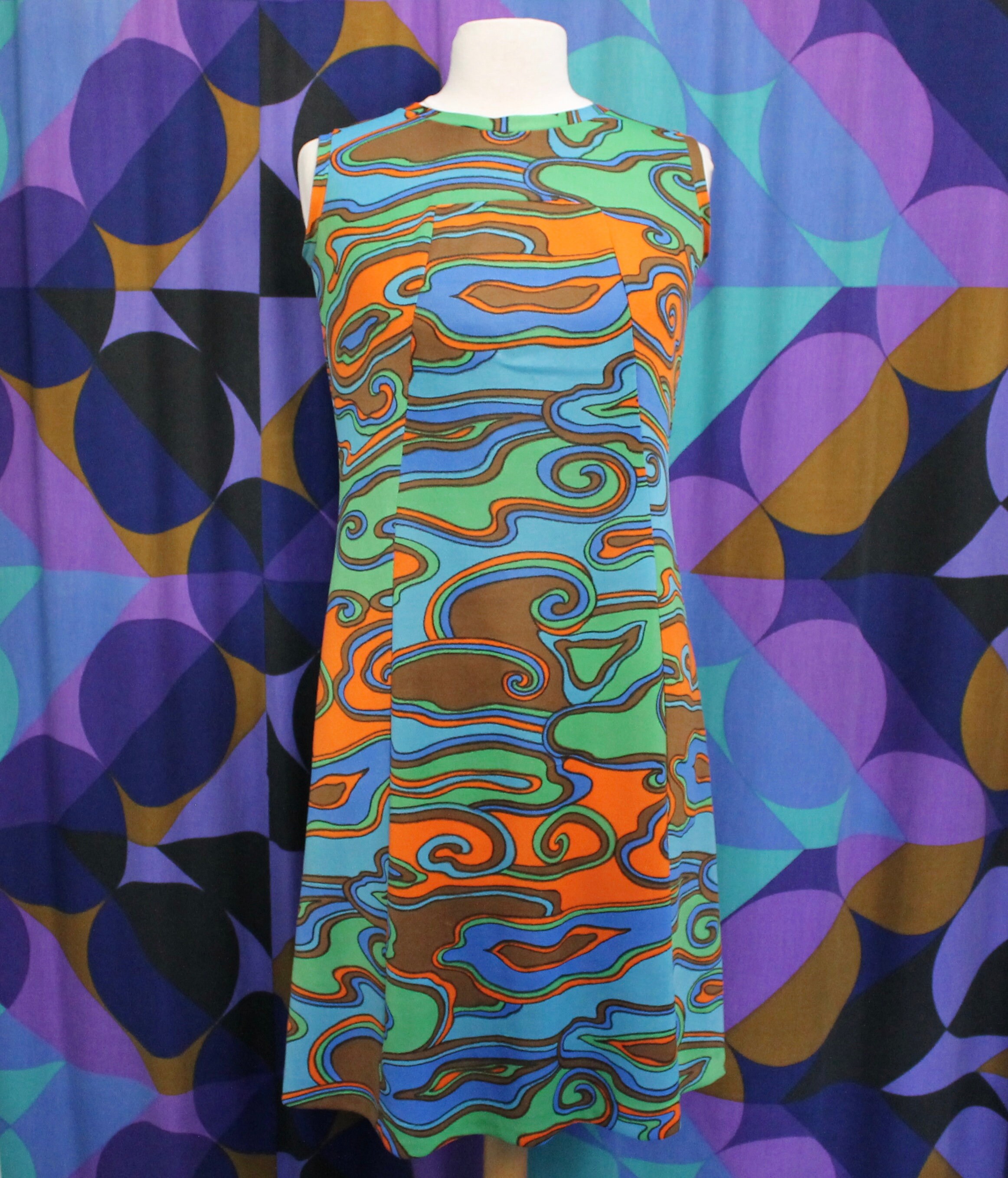 Image of Amazing Vintage S Psychedelic Print Sleeveless Shift Dress With Bow Back Detail Uk Size /