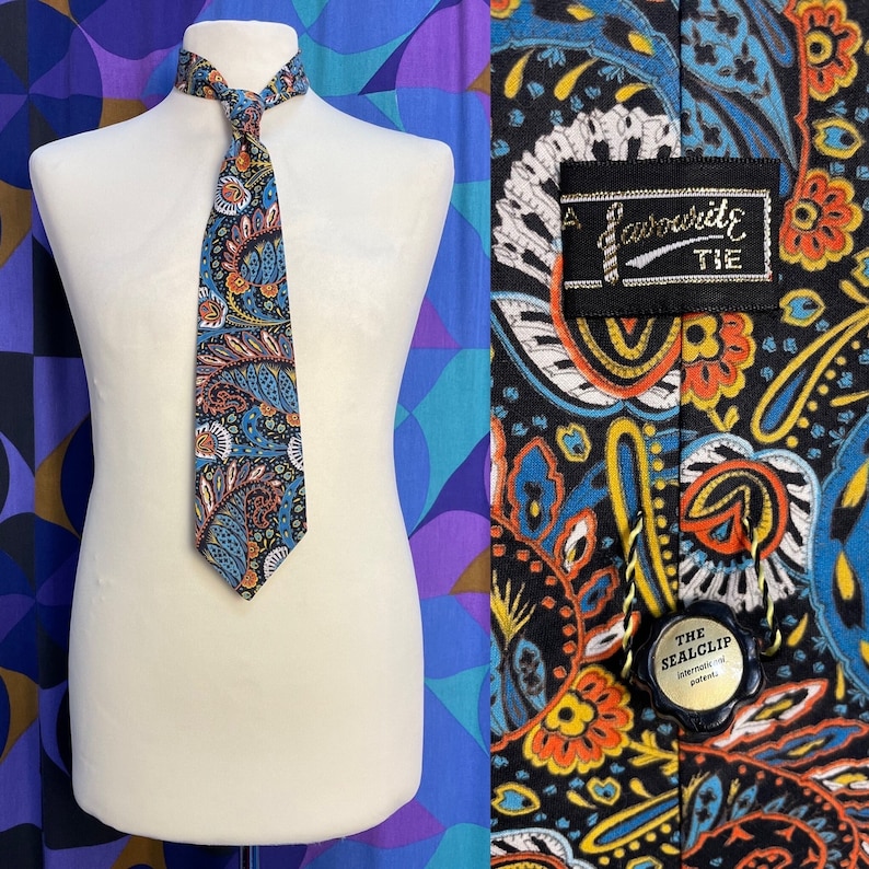 Cravate vintage groovy à imprimé psychédélique des années 60 et 70 fabriquée en Angleterre par A Favorite Tie avec pince à cravate image 1