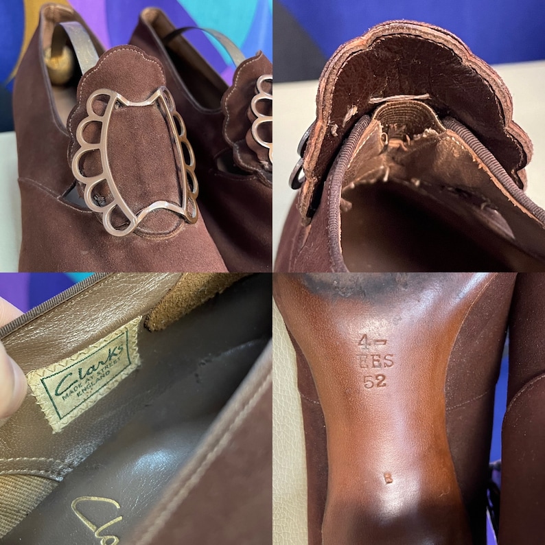 May include: Brown suede vintage shoes with a scalloped edge and a decorative silver-tone buckle. The shoes have a pointed toe and a high heel. The label inside the shoe reads "Clarks Made at Street England".
