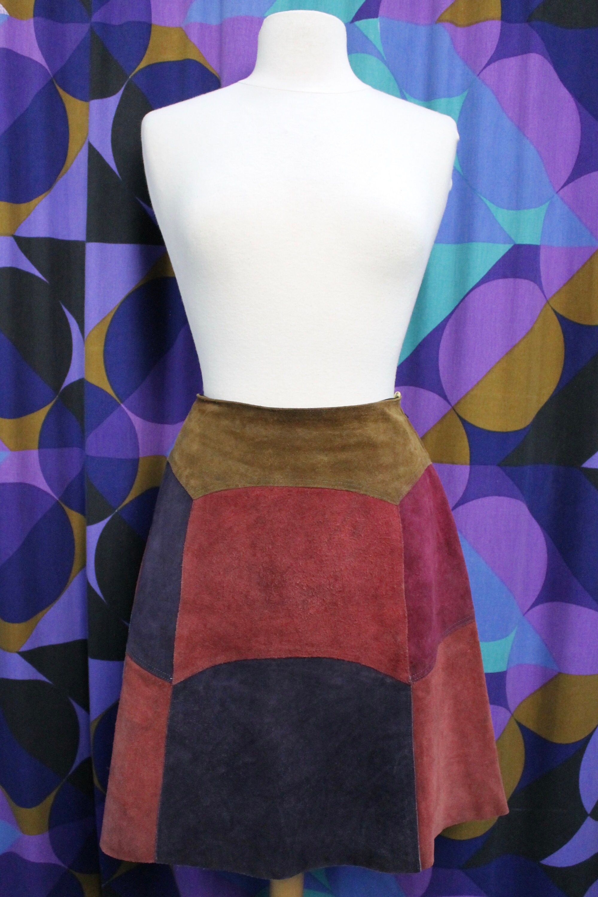 Image of Beautiful Vintage S S Real Suede Multi Coloured Panel Patchwork High Waisted A Line Skirt Uk Size  Medium