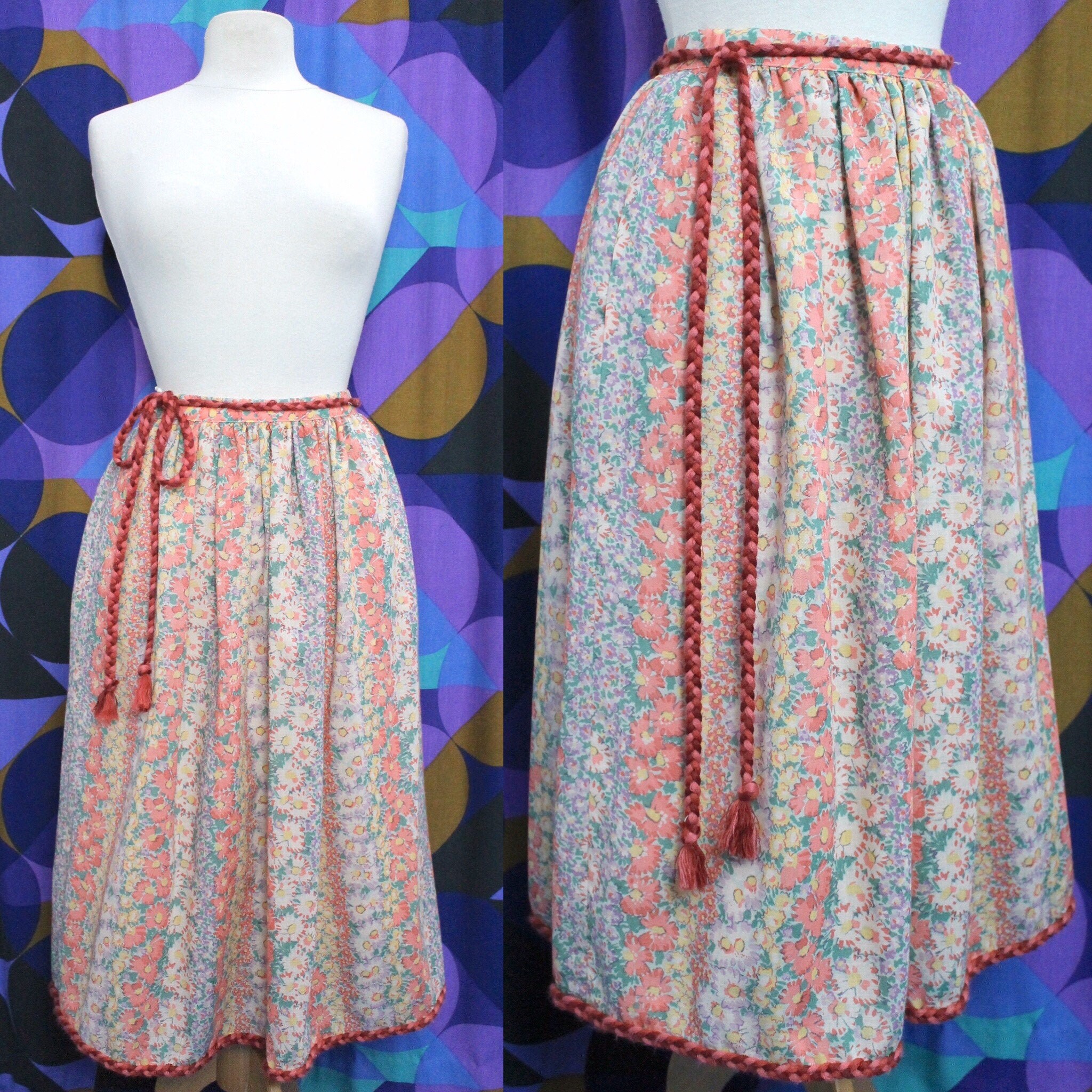 Image of Beautiful Vintage S Floral Print High Waisted Maxi/Midi Skirt With Braided Belt Uk Size / Xs