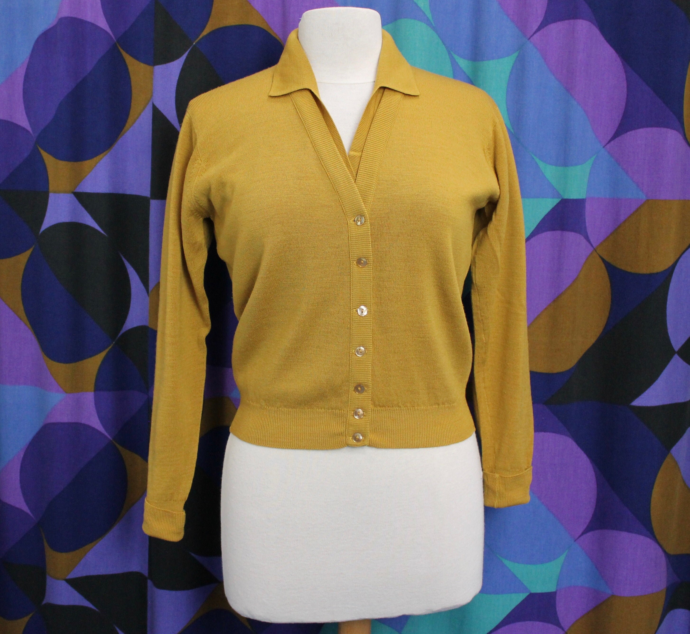 Image of Amazing Vintage Mustard Yellow Wool Top With Collar & Matching Cardigan By Tanya Of Nottingham Uk Size / Medium