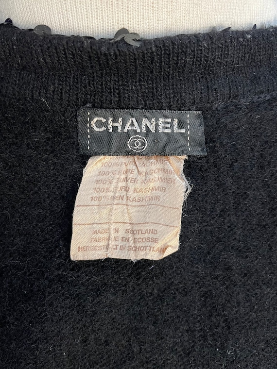 Classic Vintage 80s Chanel Black 100% Pure Cashmere Sequin Trim