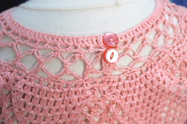 Beautiful Vintage 50s Handmade Baby Pink Crochet Short Sleeved Top with Button Neck Detail UK Size 8 Small