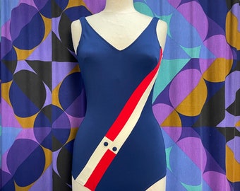 Amazing Vintage 60s Navy Blue, Red and White Mod Striped Swimsuit Swimming Costume Made in Great Britain by St Michael UK Size 10/12 Medium