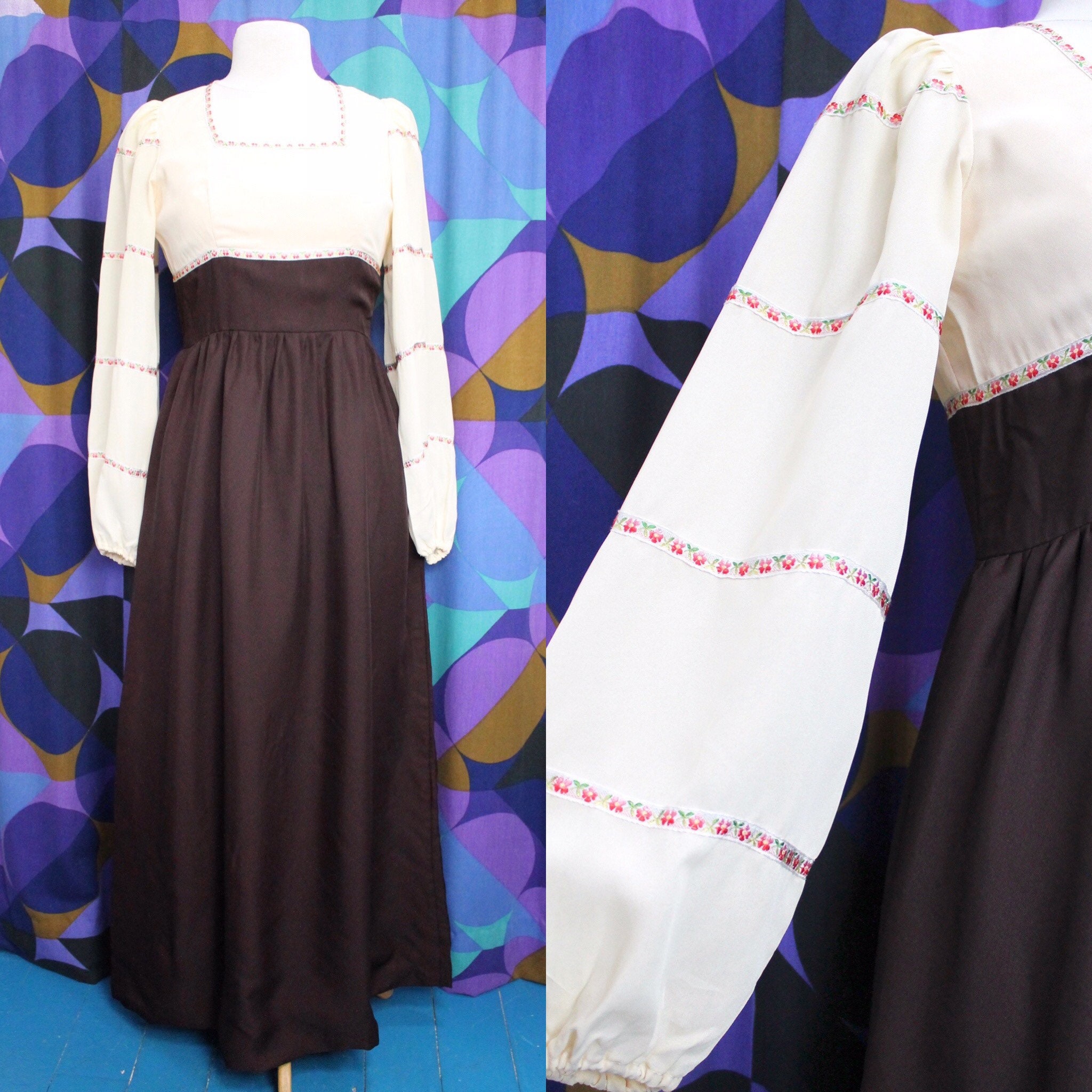 Image of Beautiful Vintage S Brown & Cream Long Sleeved Maxi Dress With Square Collar, Balloon Sleeves Floral Trim Detail Uk Size /