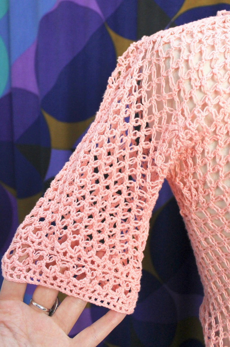 Beautiful Vintage 50s Handmade Baby Pink Crochet Short Sleeved Top with Button Neck Detail UK Size 8 Small