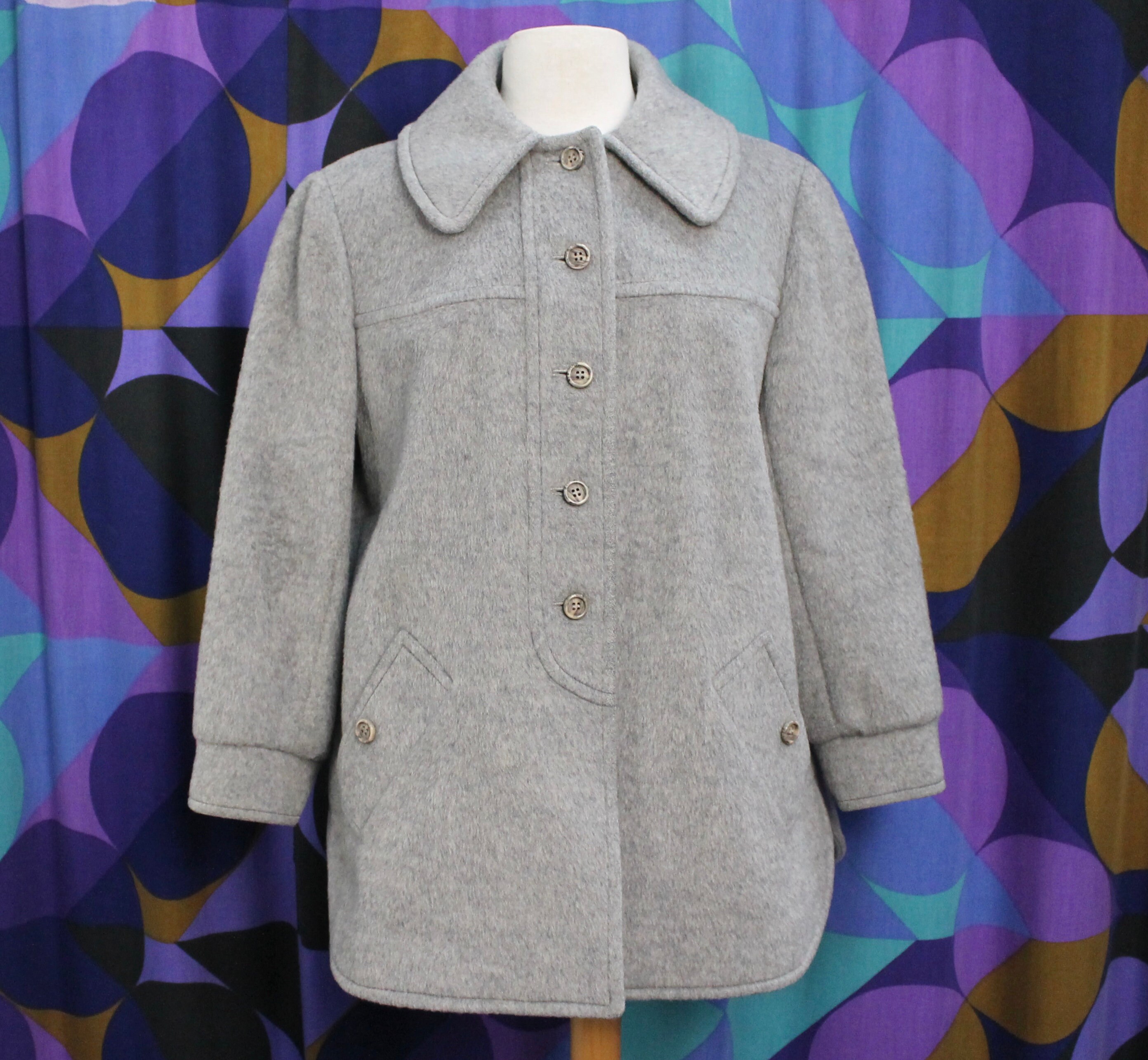 Image of Cute Vintage Pendleton Grey Wool Button Front A Line Swing Coat With Collar & Rounded Hem Detail Uk Size /