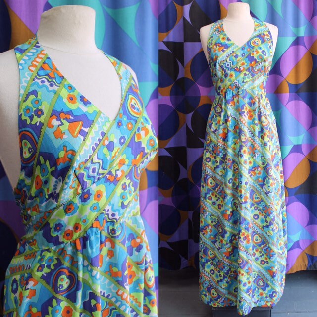 Image of Amazing True Vintage Original S Handmade Halter Neck Maxi Dress Uk Size /
