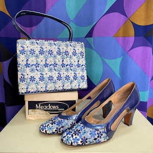 Amazing Vintage 60s Blue Flower Embroidered Block Heel Shoes and Matching Handbag Set UK Size 6 in Original Boxes!