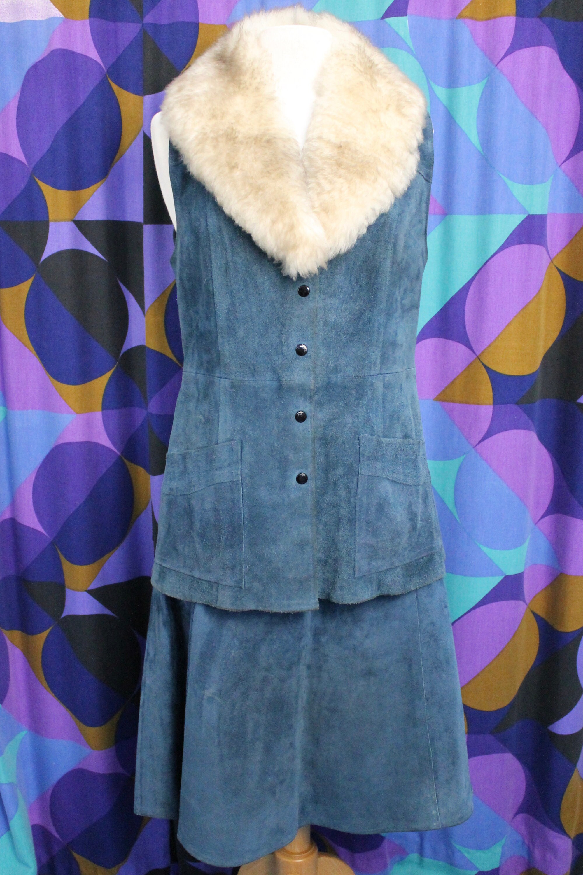 Image of Amazing Vintage S Real Suede A Line Knee Length Skirt With Matching Popper Front Waistcoat Uk Size /