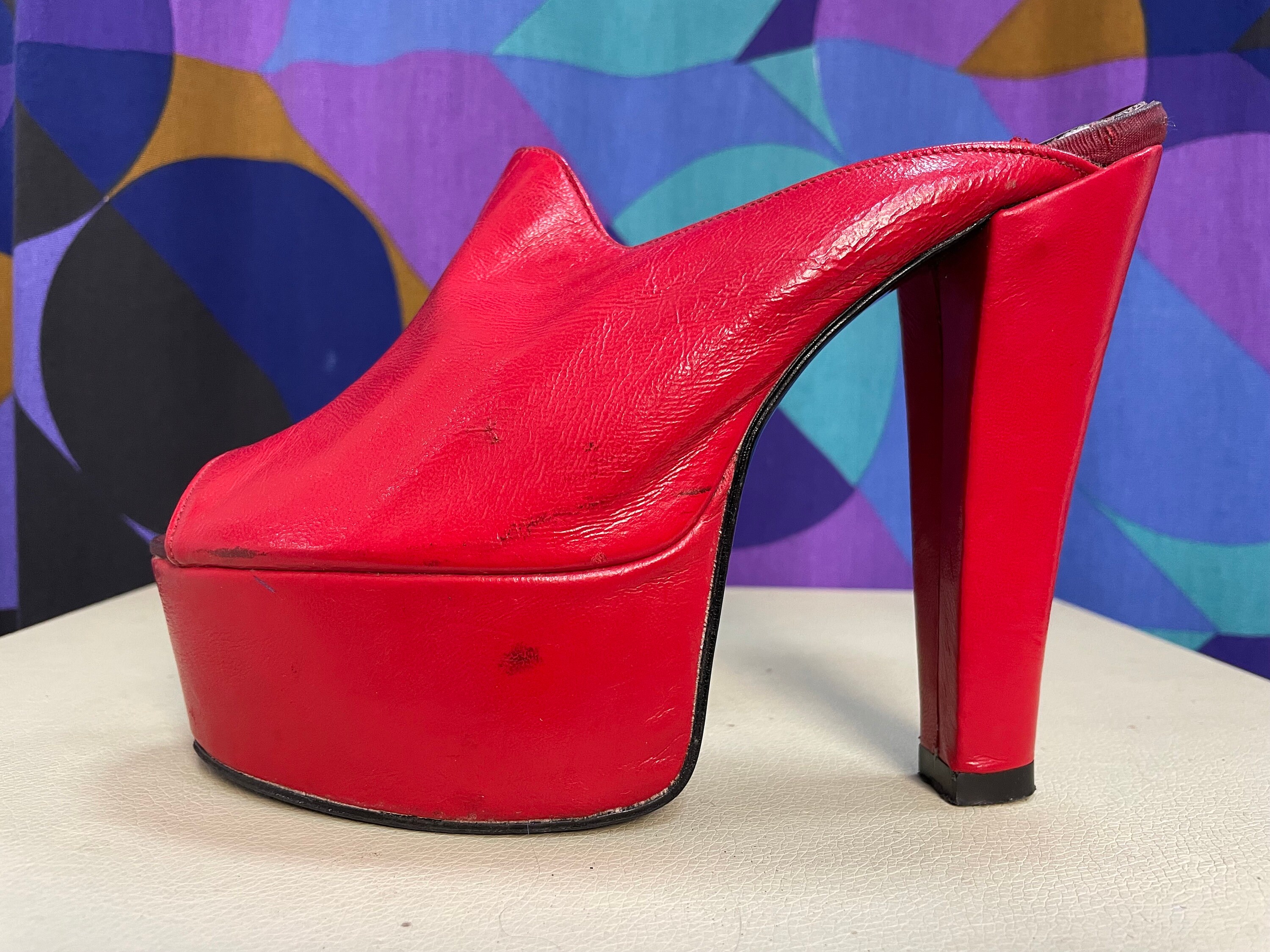 Amazing Vintage Original 70s Cherry Red Platform Peep Toe Slip on