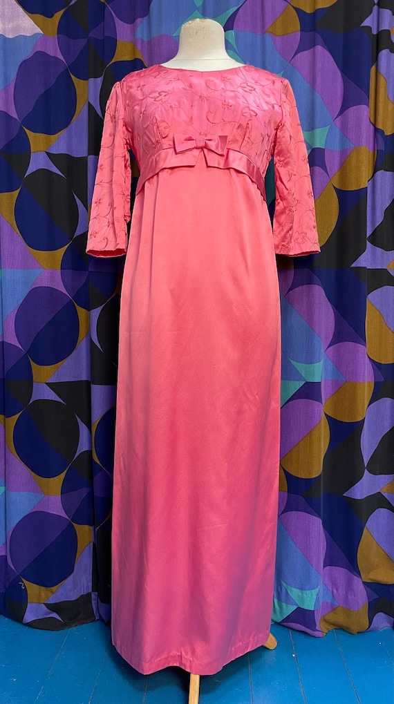Beautiful Vintage 60s Pink Floral Embroidered Three Quarter Length Sleeve Empire Line Maxi Dress UK Size 12 Medium