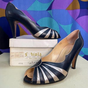Fabulous Vintage 70s Navy Blue Leather Peep Toe Heels in Original Box by Fabiola UK Size 5
