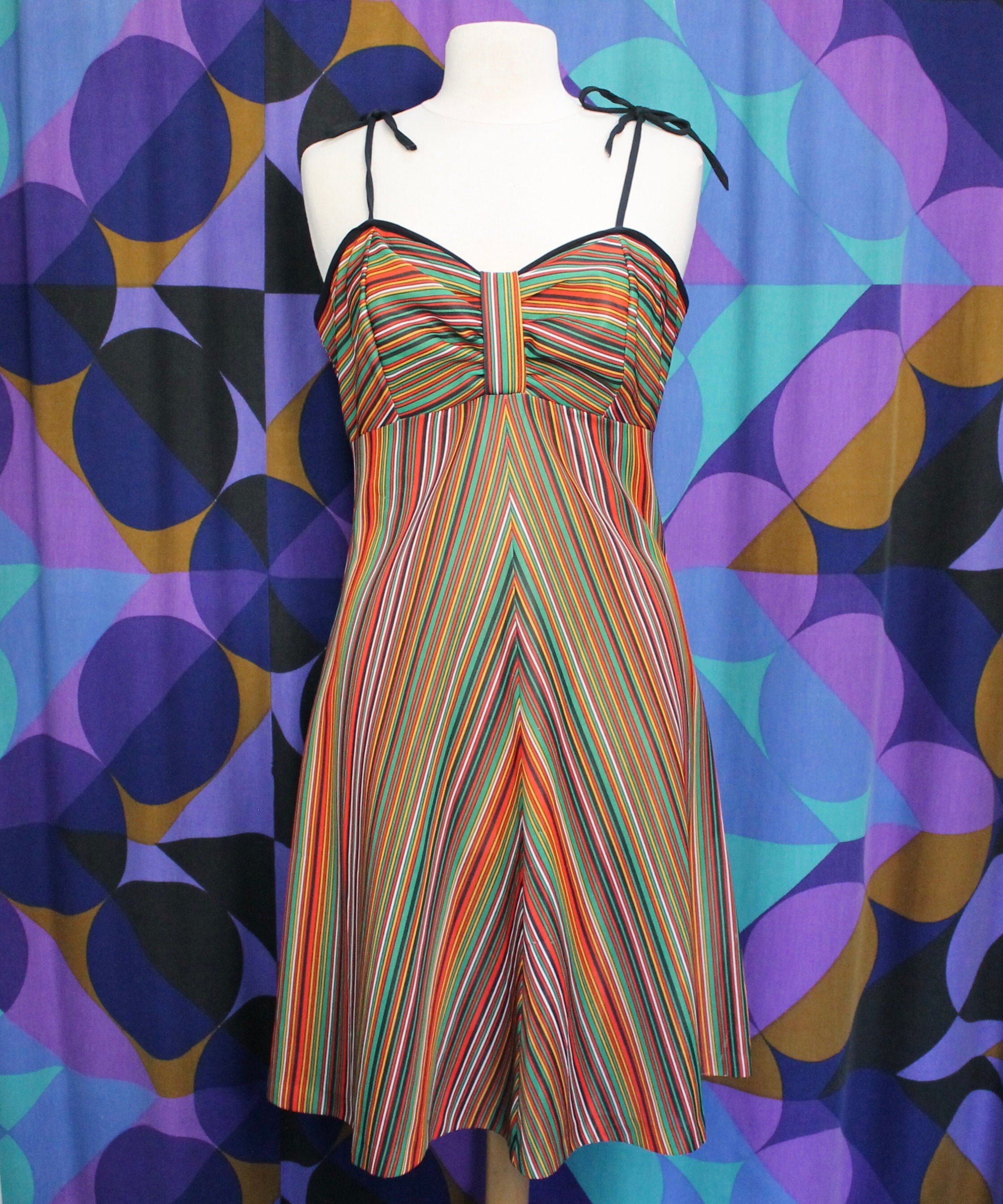 Image of Amazing Vintage S S Chevron Striped Spaghetti Tie Strap Mini Shift Dress By Devonshire Lady Size /