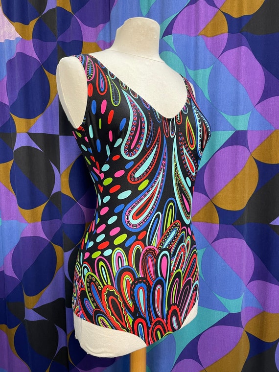 Gorgeous 60s 70s Black Multicoloured Paisley Peac… - image 2