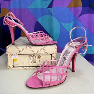 Amazing Vintage 80s Pink Leather Cage Peep Toe Heels with Ankle Strap in Original Box by Ivory UK Size 6