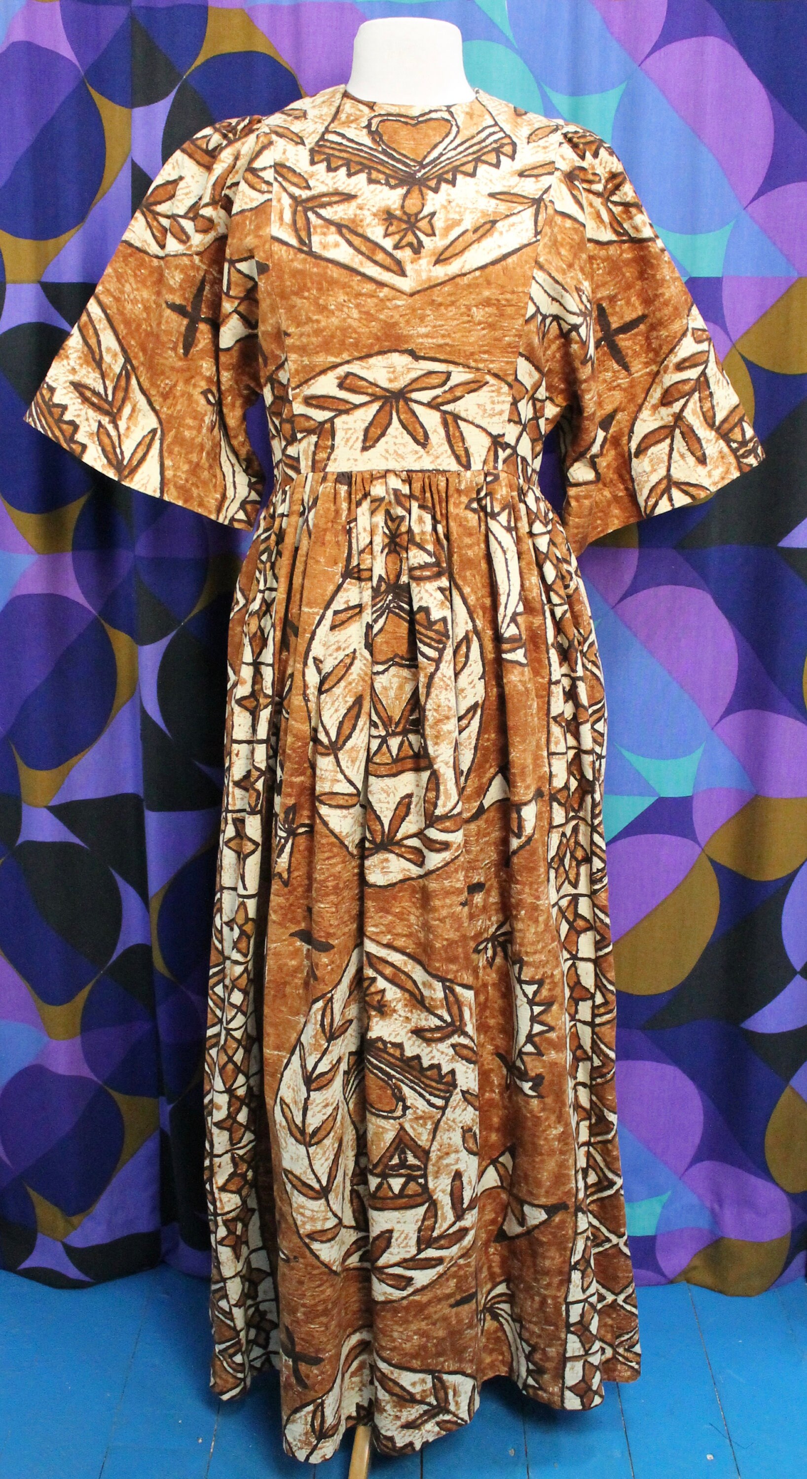 Image of Beautiful Vintage S Handmade Brown Printed Maxi Dress With Flared Short Sleeves Uk Size