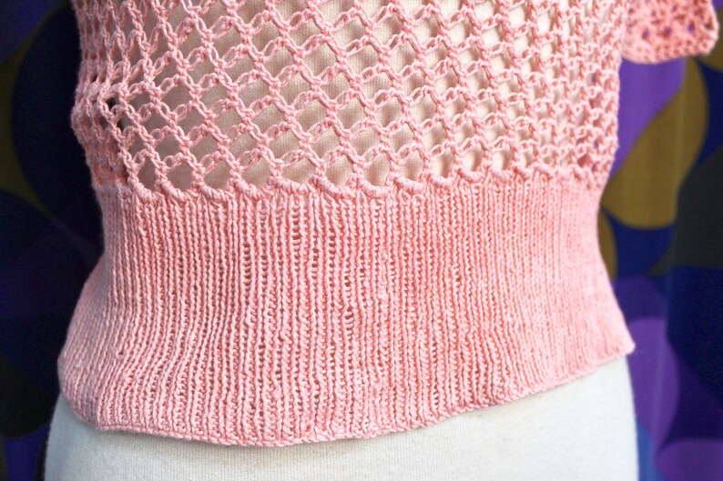 Beautiful Vintage 50s Handmade Baby Pink Crochet Short Sleeved Top with Button Neck Detail UK Size 8 Small