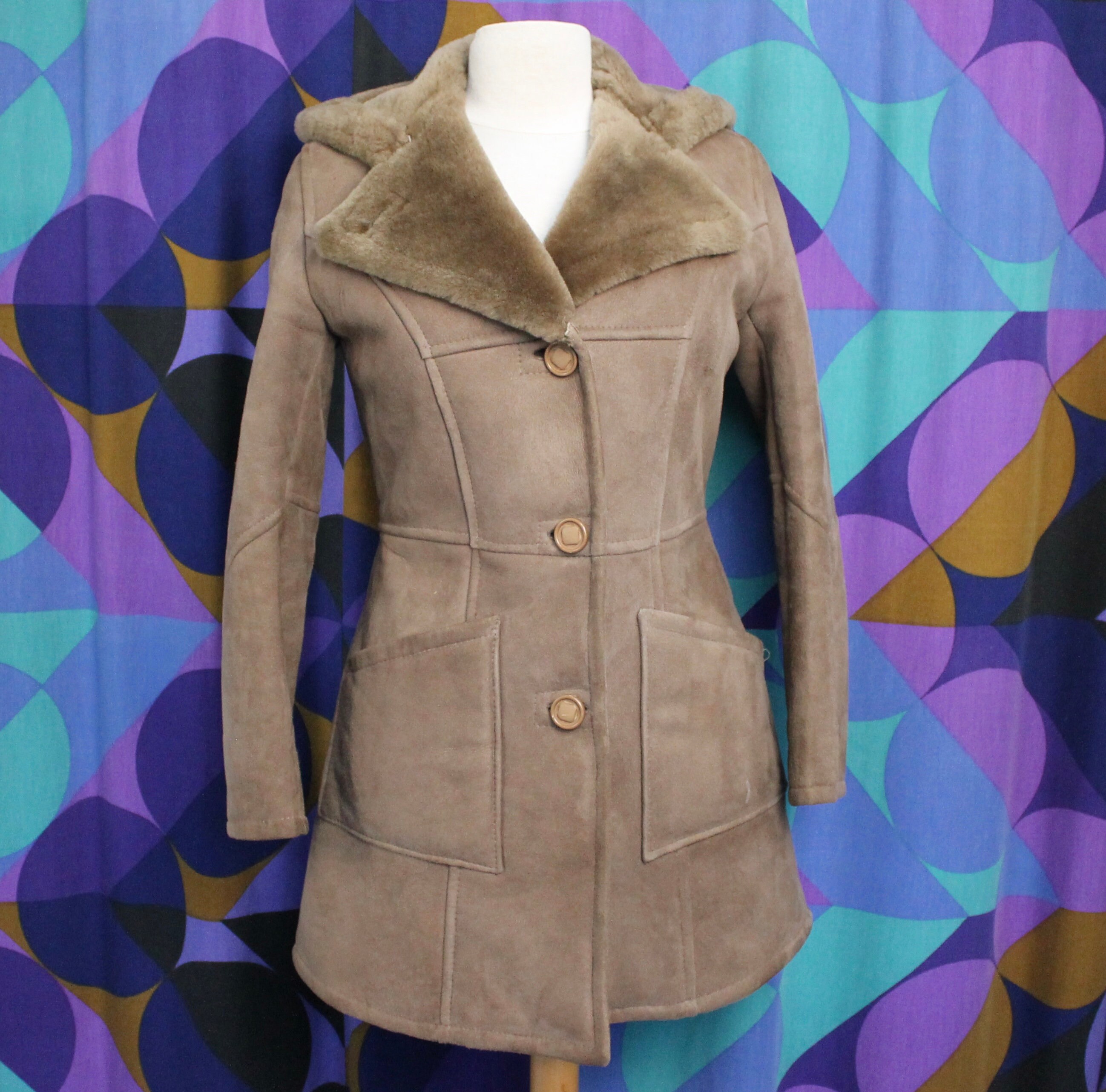 Image of Amazing Vintage S Brown Real Suede & Sheepskin Lined Winter Coat With Hood Uk Size  Small