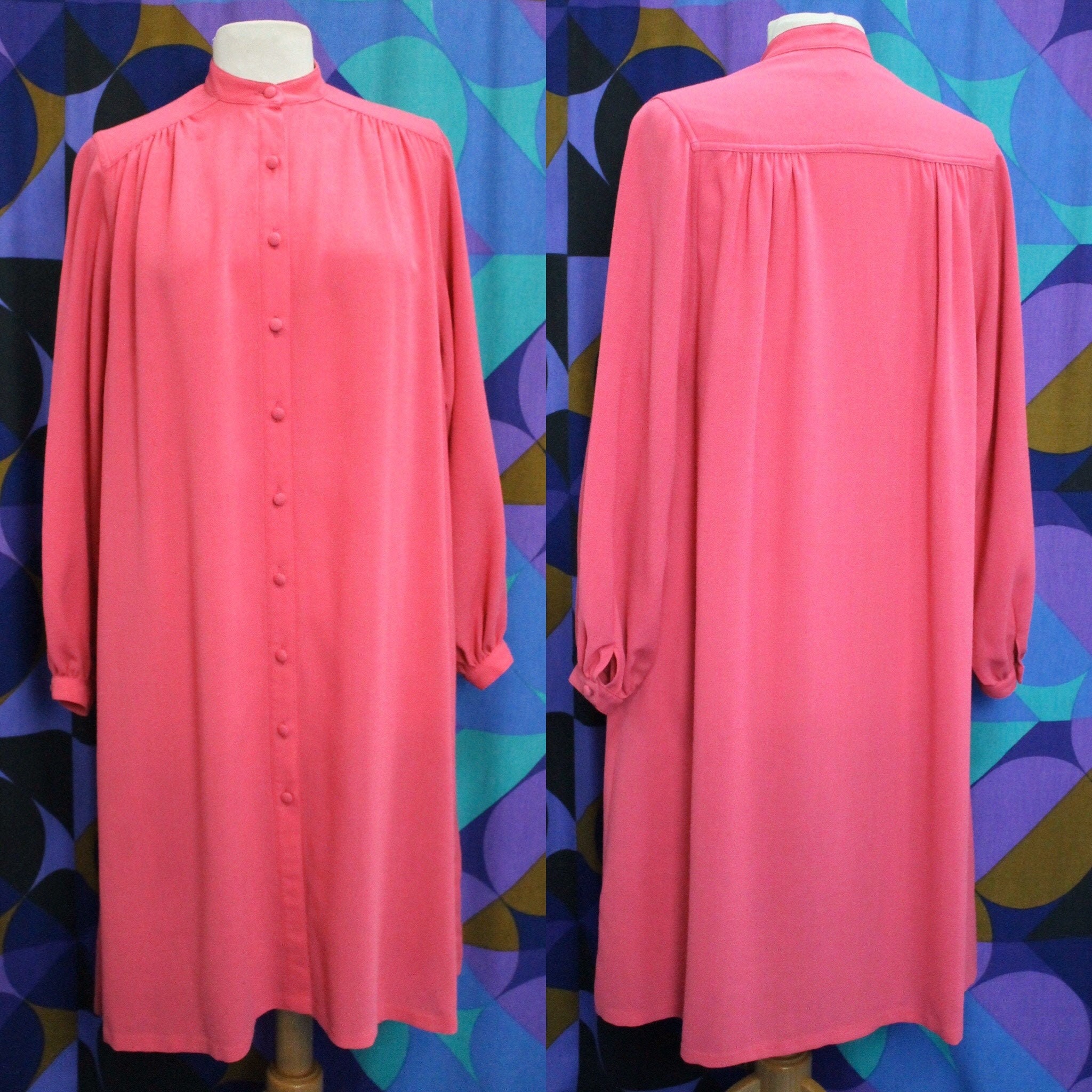 Image of Beautiful True Vintage Original S Pink Button Front "Averil B' Swing Dress With Long Sleeves & High Neck Uk Size ///