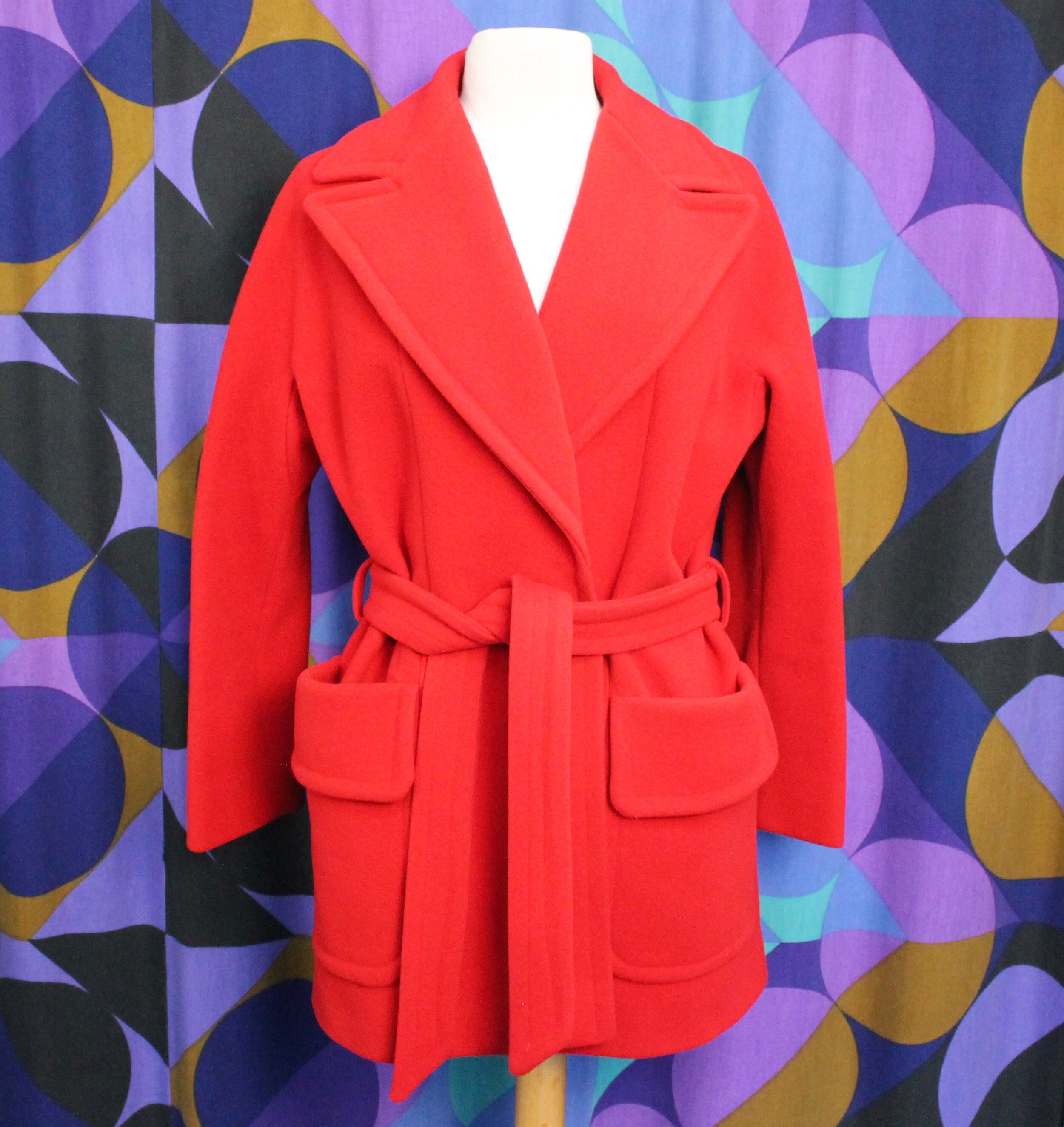 Image of Beautiful Vintage S Bright Red Wool Coat With Statement Collar & Matching Belt Tie By Raymond Of London Uk Size