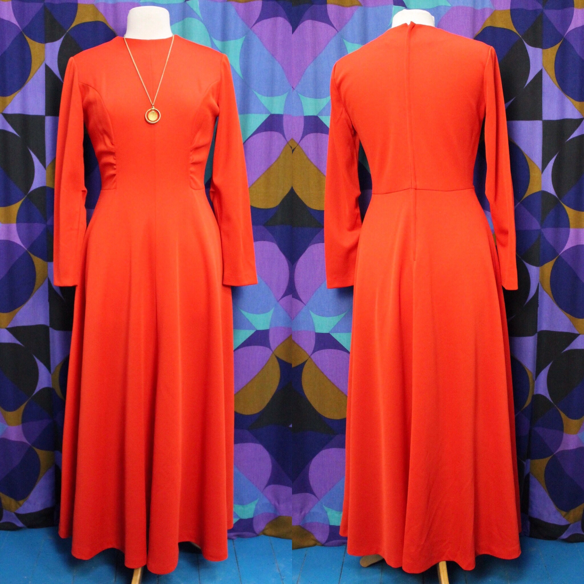 Image of Beautiful Vintage S Bright Red Crimplene Long Sleeved Maxi Dress With Flattering Rushing Detail Uk Size