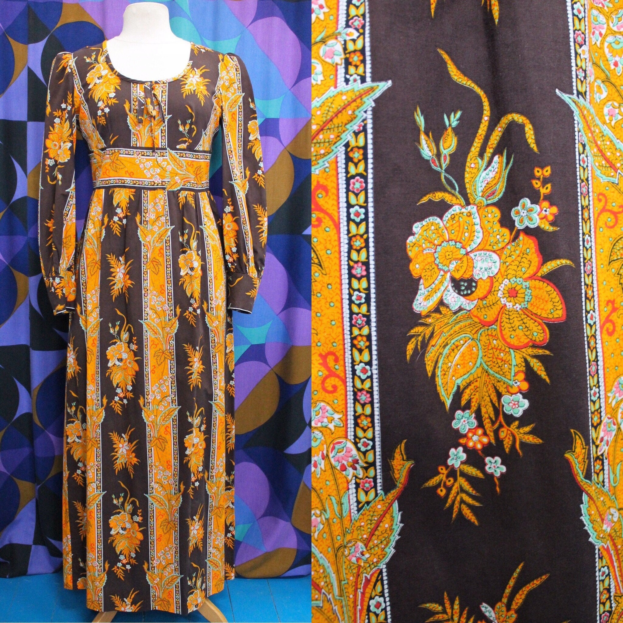 Image of Amazing Vintage Original S Long Sleeved Floral Print Maxi Dress With Bow Front By Dollyrockers Uk Size