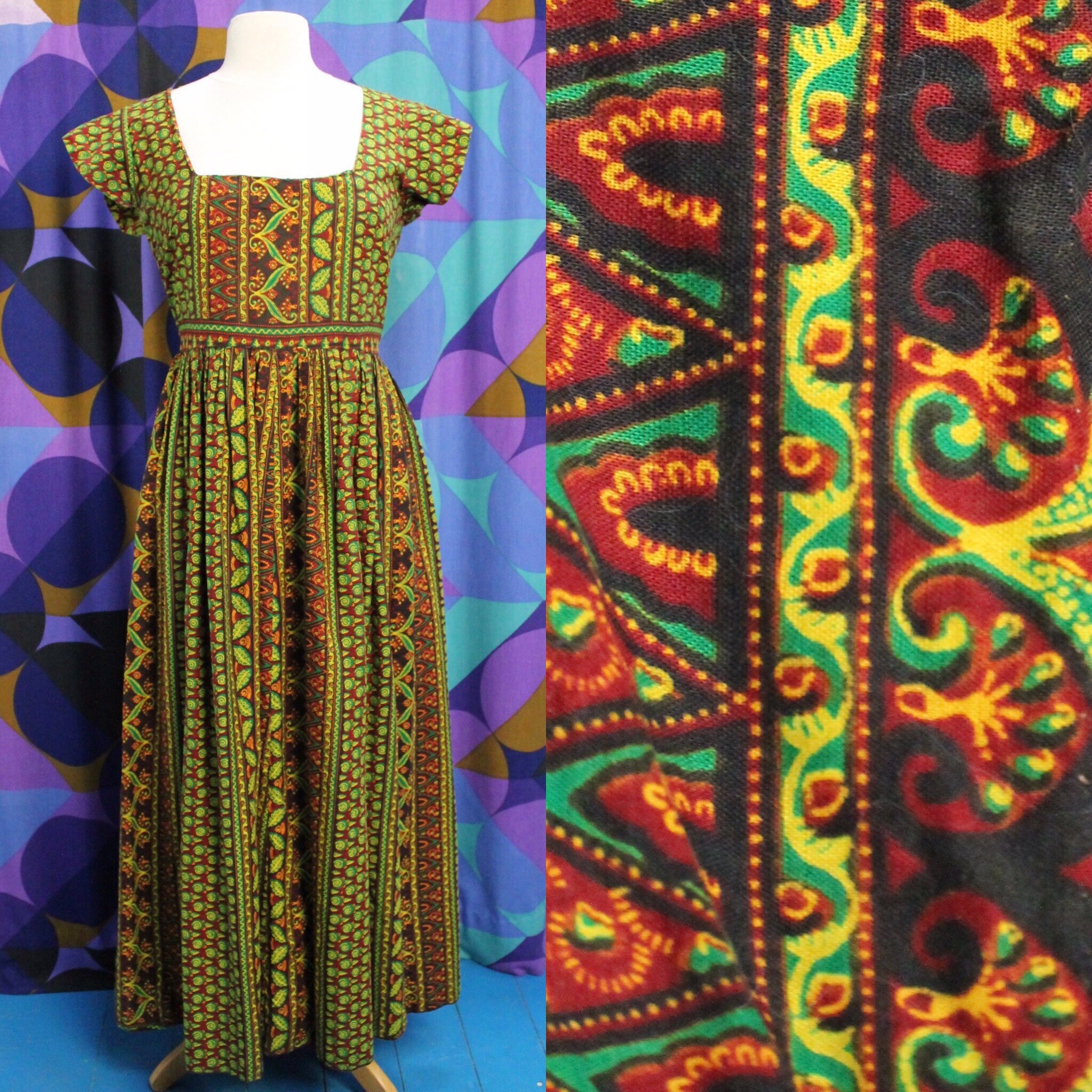 Image of Beautiful Vintage S Handmade African Print Cap Sleeved Maxi Dress Uk Size