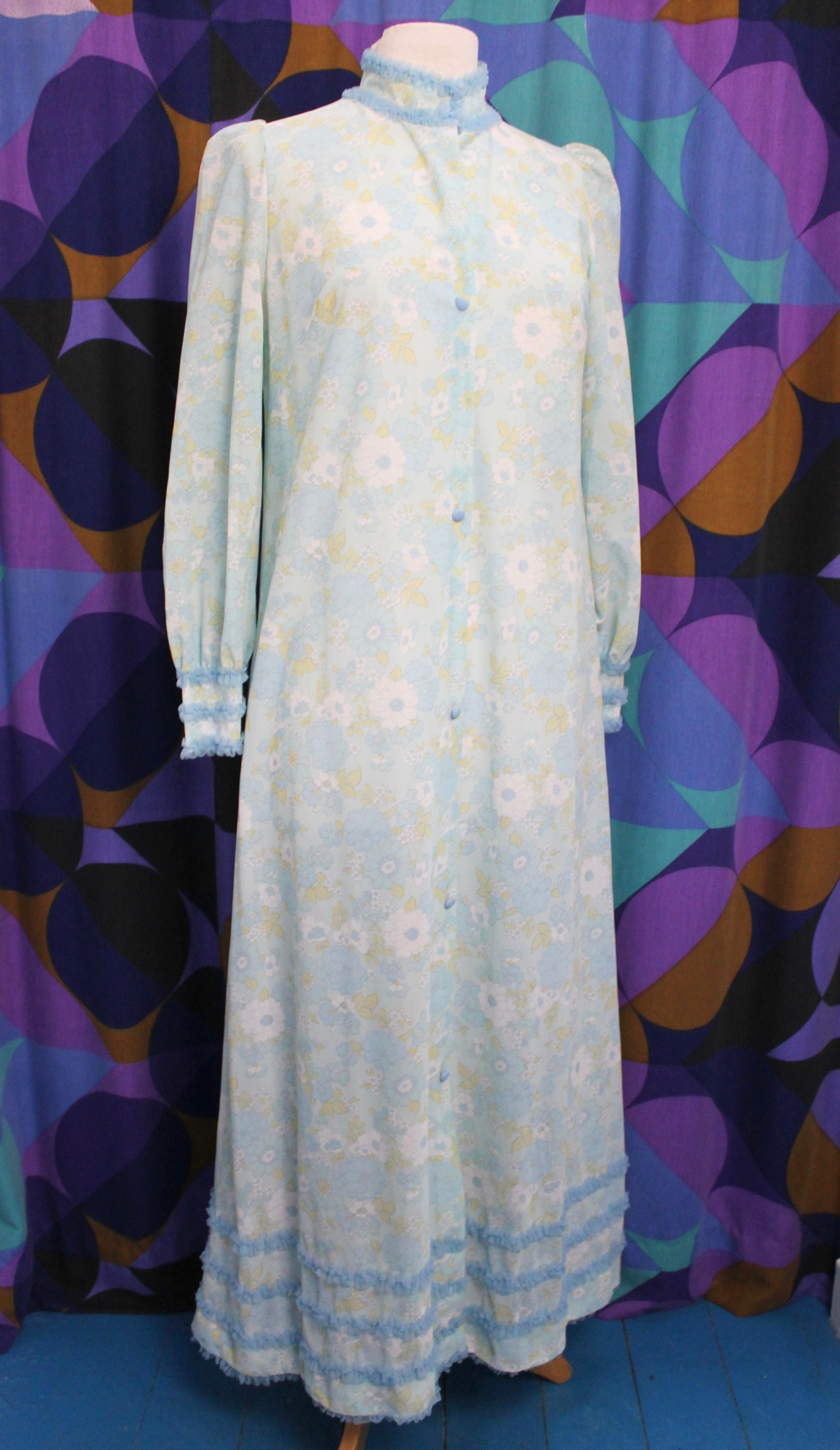 Image of Amazing Vintage Floral Print Nylon Button Front Full Length Frilly Maxi Night Dress With Long Sleeves & High Neck Size Medium