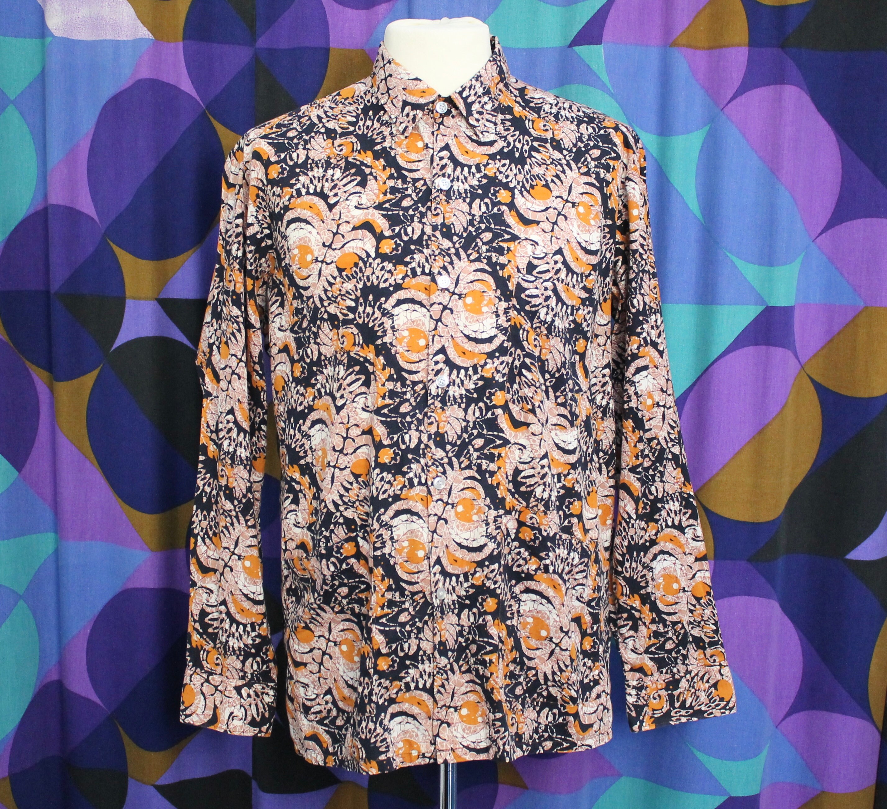 Image of Amazing Vintage 70S Batik Long Sleeved Shirt With Front Pockets & Cufflink Button Hole Cuffs Size Large