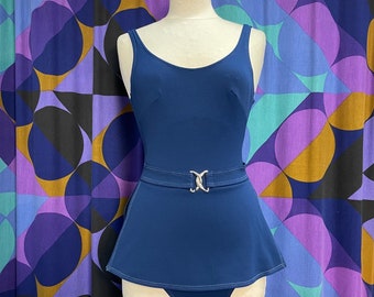 Amazing Vintage 60s Navy Blue Peplum Skirt Swim Suit Swimming Costume with Open Scoop Back and Belt Detail by St Michael UK Size 8/10 Small