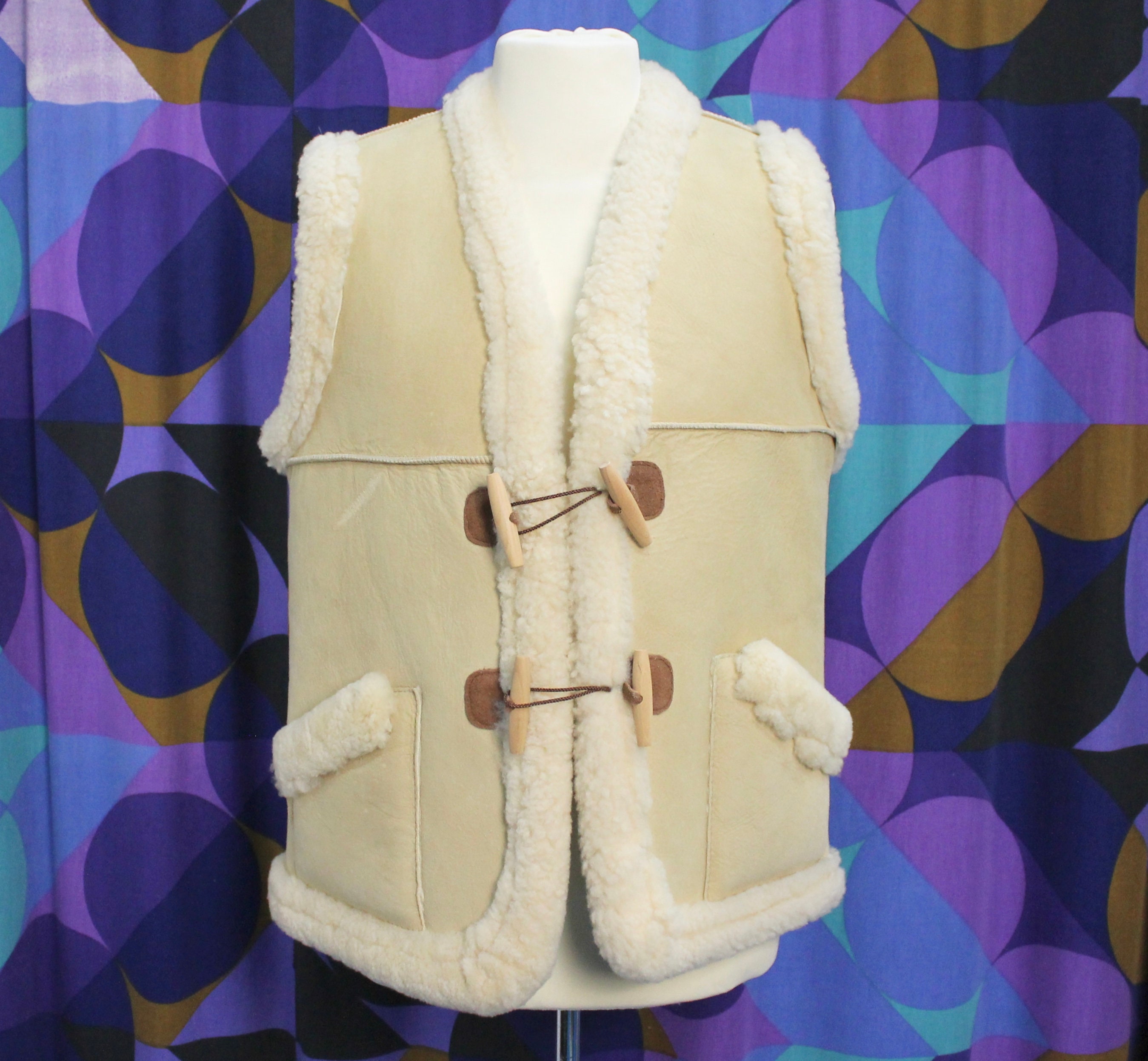 Image of Amazing Vintage Real Suede & Sheepskin Sleeveless Jacket Waistcoat With Wooden Duffle Fastening Size Small