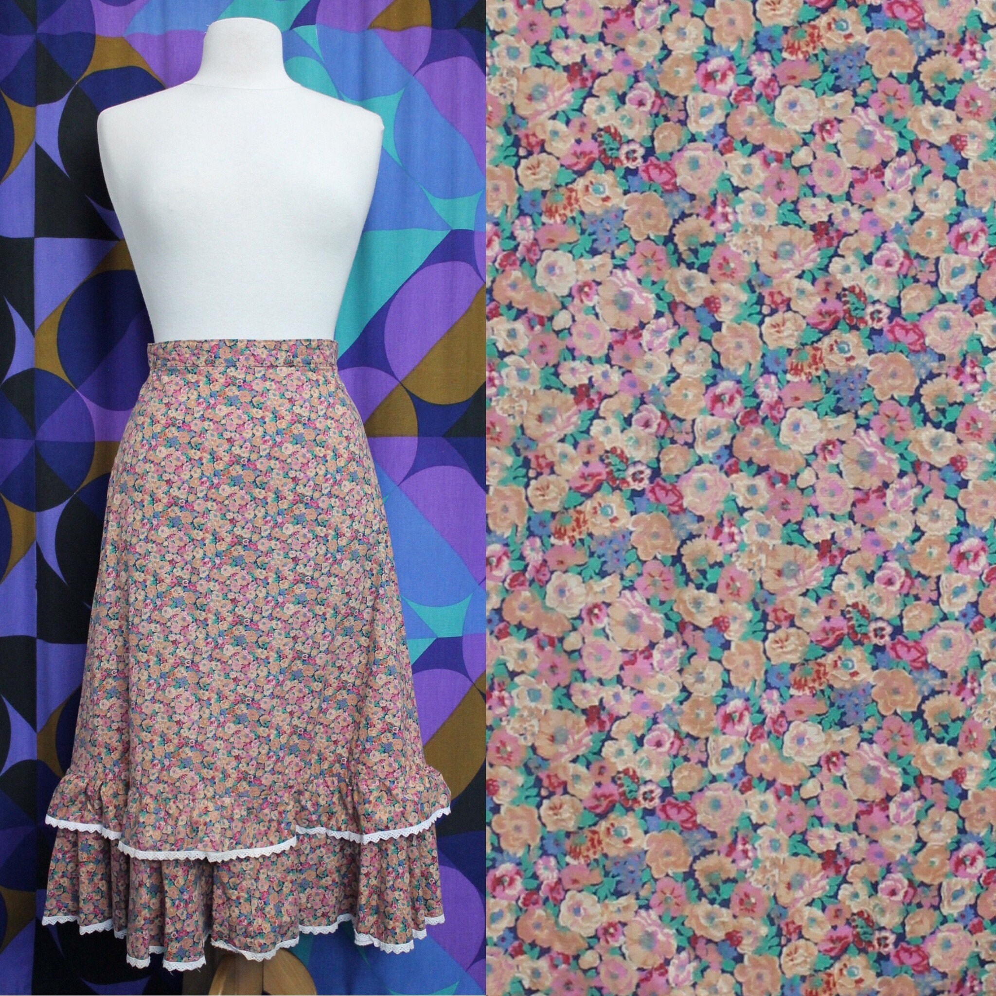 Image of Beautiful Vintage S Floral Print Prairie Midi Skirt With Tiered Ruffle Hem By Asparagus London Uk Size  Small