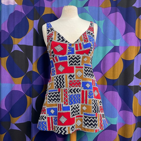 Fabulous Vintage 60s 70s Jazzy V-neck Skirted Swimming Costume Dress With  Built in Bra Support by Evans Size Large UK 14/16 