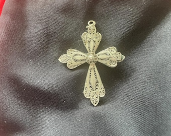 Vintage Silver Filigree Design Cross Pendant - 1 and 3/4 inches in length
