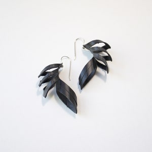 Thin double drop recycled innter tube rubber feather earrings