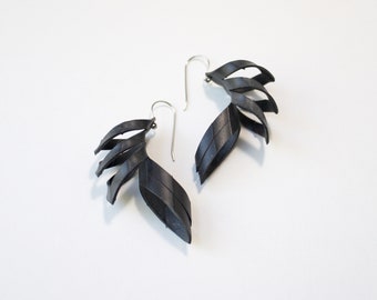 Thin double drop recycled innter tube rubber feather earrings