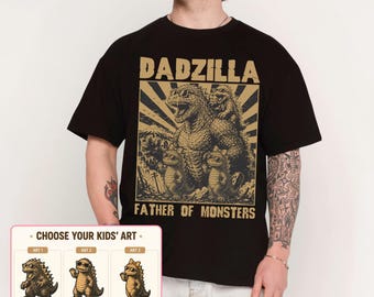 Benutzerdefinierte Dadzilla T-Shirt, personalisierte Vater der Monster Shirt, Retro Godzilla Vatertagsgeschenk, lustiges Dinosaurier Papa Geschenk