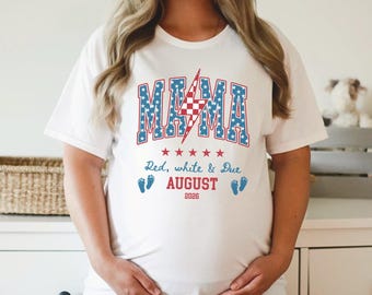 Benutzerdefiniertes Fälligkeitsdatum Schwangerschaftsankündigungs-Shirt, 4. Juli Mama T-Shirt, Vaterländisches Baby offenbaren Mutterschafts-Shirt, Retro rotes weißes passendes Oberteil