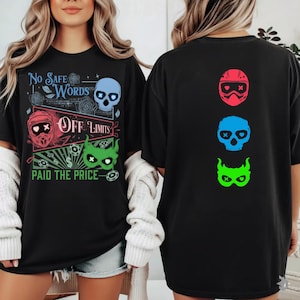 May include: Black t-shirts with graphic designs. One shirt features the text "No Safe Words" and "Off Limits" with skull and helmet graphics. The other shirt has three skull and helmet graphics on the back.