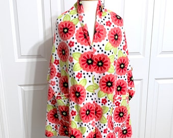 Fleece Shawl Wrap with Pockets, Floral & Dots on White, Fits Most thru Women's Large, Soft, Warm, Woman, Grandparent, New Mom, Gift