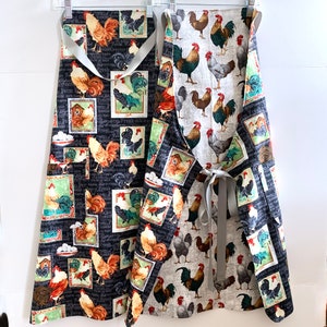 Reversible Adult Apron with Pockets, Adjustable Straps, Rooster Blocks on Black, 1 Size fits Most, Unisex, Kitchen, Cooking, Baking, Gift