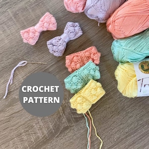 May include: A crochet pattern for a set of colorful bows and headbands. The pattern includes instructions for making the bows and headbands in a variety of colors, including pink, green, yellow, and blue. The pattern is written in English and includes clear instructions and diagrams.