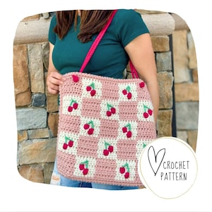 Sac fourre-tout à carreaux cerises motif au crochet - PDF numérique/modèle au crochet cerise/sac à main cerise/damier cerise/modèle de sac à main de fruits/sac à bandoulière