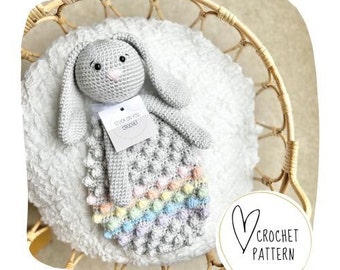 Lapin Lovey, motif au crochet, lapin à pompon, Buddy PDF numérique/douillette Amigurumi/couverture de sécurité faite main/cadeau héritage pour bébé/poupée en chiffon