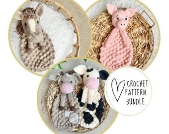 BUNDLE: Crochet Farm Bobble Buddy Patterns -- Cow//Horse//Pig -- DIGITAL PDF/Amigurumi Comforter/Security Blanket/Ragdoll/Heirloom Baby Gift